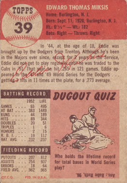 Eddie Miksis  baseball card collectible - Main Image 2