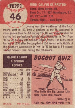 Johnny Klippstein  baseball card collectible - Main Image 2