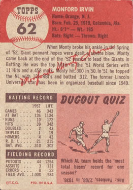 Monte Irvin  baseball card collectible - Main Image 2