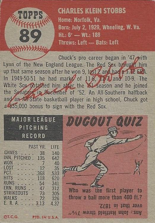 Chuck Stobbs  baseball card collectible - Main Image 2