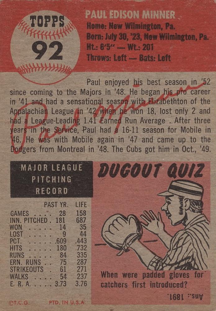 Paul Minner  baseball card collectible - Main Image 2