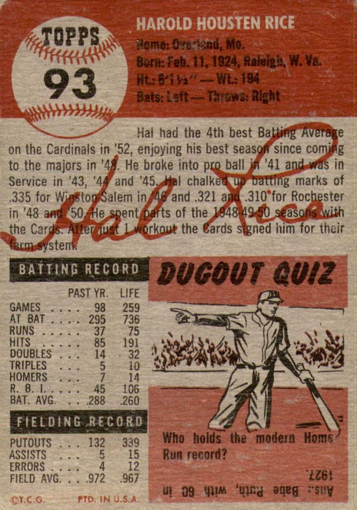 Hal Rice  baseball card collectible - Main Image 2