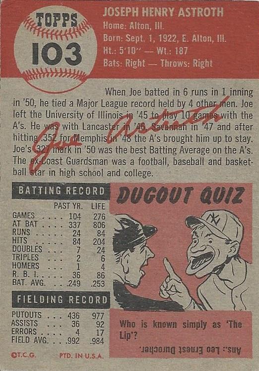 Joe Astroth  baseball card collectible - Main Image 2