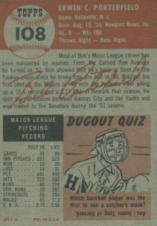 Bob Porterfield  baseball card collectible - Main Image 2