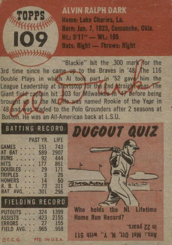 Alvin Dark  baseball card collectible - Main Image 2