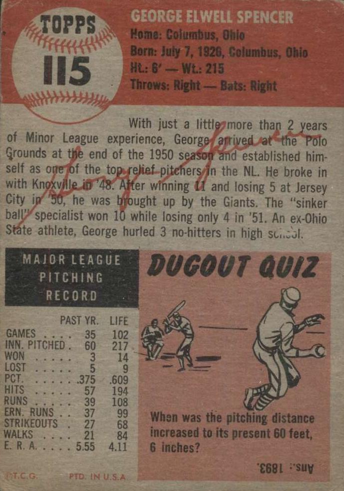 George Spencer  baseball card collectible - Main Image 2