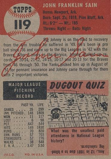 Johnny Sain  baseball card collectible - Main Image 2