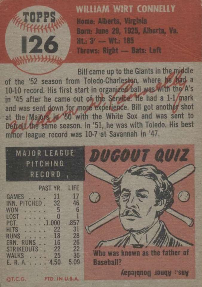 Bill Connelly  baseball card collectible - Main Image 2