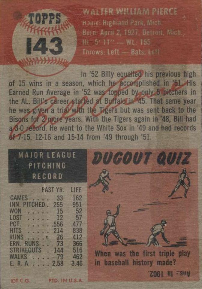 Billy Pierce  baseball card collectible - Main Image 2