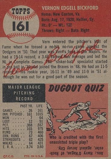 Vern Bickford  baseball card collectible - Main Image 2