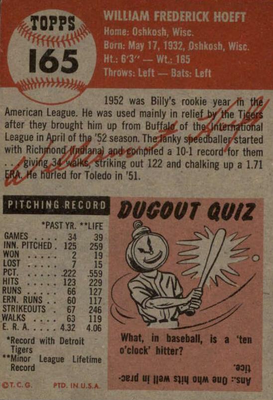 Billy Hoeft  baseball card collectible - Main Image 2