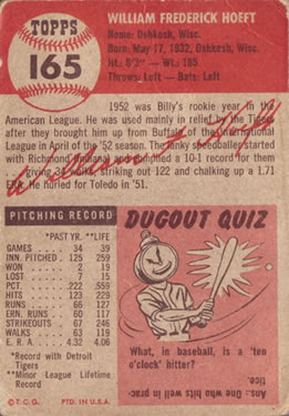 Billy Hoeft  baseball card collectible - Main Image 2