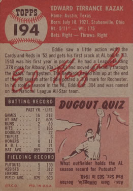 Eddie Kazak  baseball card collectible - Main Image 2