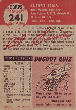 Al Sima  baseball card collectible - Main Image 2