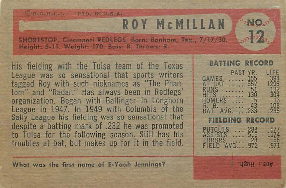 Roy McMillan  baseball card collectible - Main Image 2