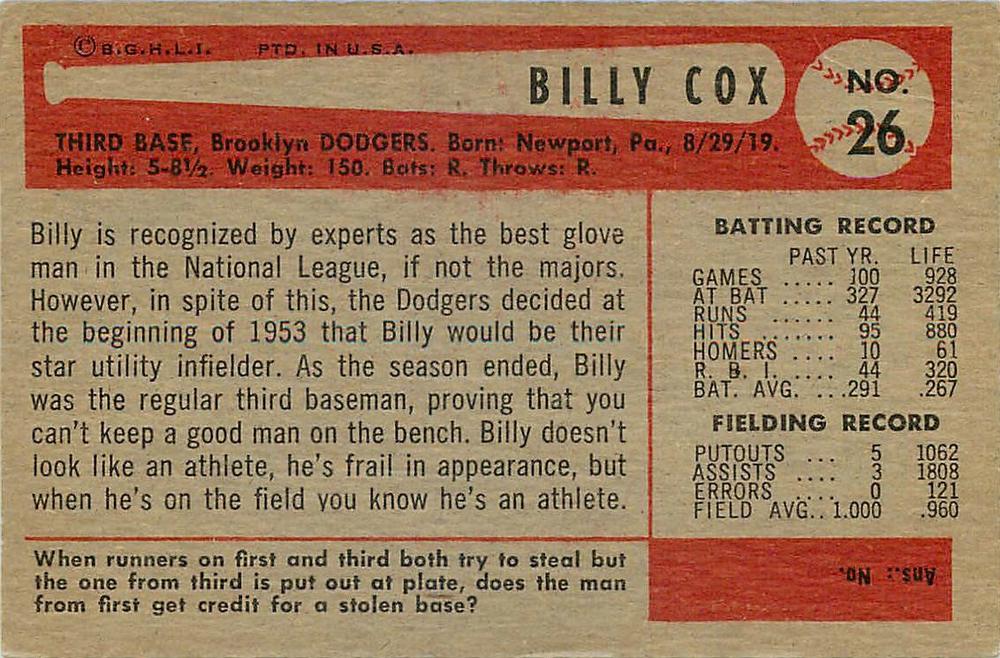 Billy Cox  baseball card collectible - Main Image 2