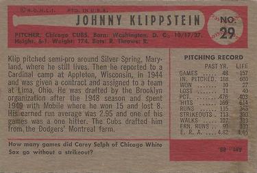 Johnny Klippstein  baseball card collectible - Main Image 2