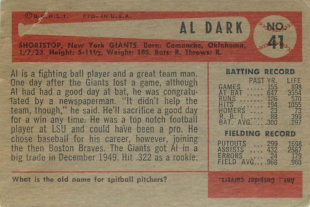 Alvin Dark  baseball card collectible - Main Image 2