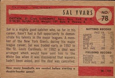 Sal Yvars  baseball card collectible - Main Image 2