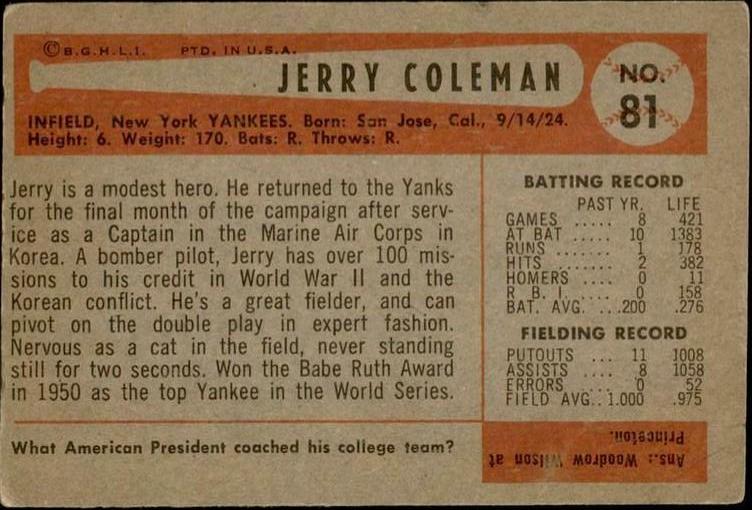 Jerry Coleman  baseball card collectible - Main Image 2
