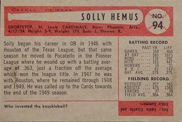 Solly Hemus  baseball card collectible - Main Image 2