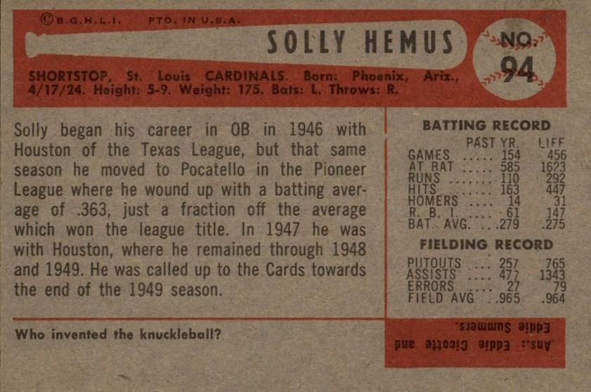 Solly Hemus  baseball card collectible - Main Image 2