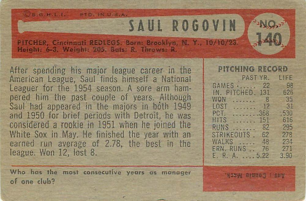 Saul Rogovin  baseball card collectible - Main Image 2