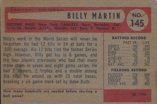 Billy Martin  baseball card collectible - Main Image 2