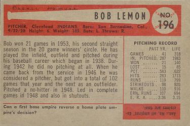 Bob Lemon  baseball card collectible - Main Image 2