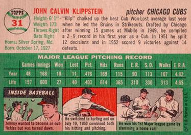 Johnny Klippstein  baseball card collectible - Main Image 2