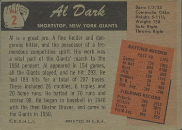 Al Dark  baseball card collectible - Main Image 2