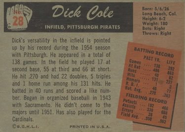 Dick Cole  baseball card collectible - Main Image 2