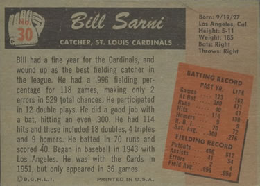 Bill Sarni  baseball card collectible - Main Image 2