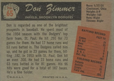 Don Zimmer  baseball card collectible - Main Image 2