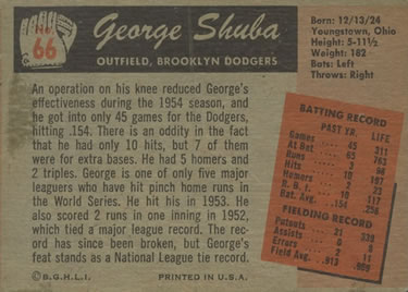 George Shuba  baseball card collectible - Main Image 2