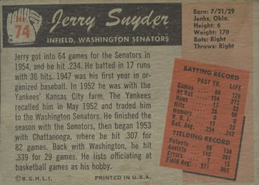 Jerry Snyder  baseball card collectible - Main Image 2