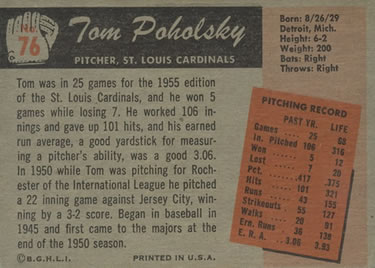 Tom Poholsky  baseball card collectible - Main Image 2