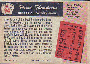 Hank Thompson  baseball card collectible - Main Image 2