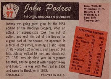 John Podres  baseball card collectible - Main Image 2