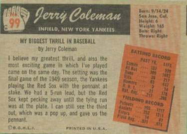 Jerry Coleman  baseball card collectible - Main Image 2