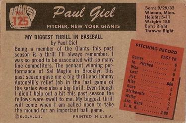 Paul Giel  baseball card collectible - Main Image 2