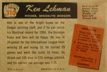 Ken Lehman  baseball card collectible - Main Image 2