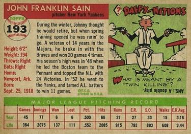 Johnny Sain  baseball card collectible - Main Image 2