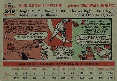 Johnny Klippstein  baseball card collectible - Main Image 2