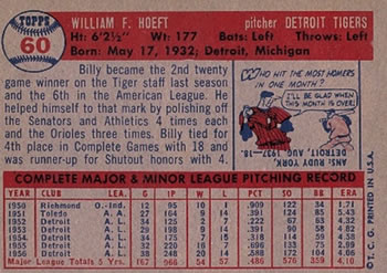 Billy Hoeft  baseball card collectible - Main Image 2