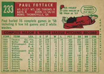 Paul Foytack  baseball card collectible - Main Image 2