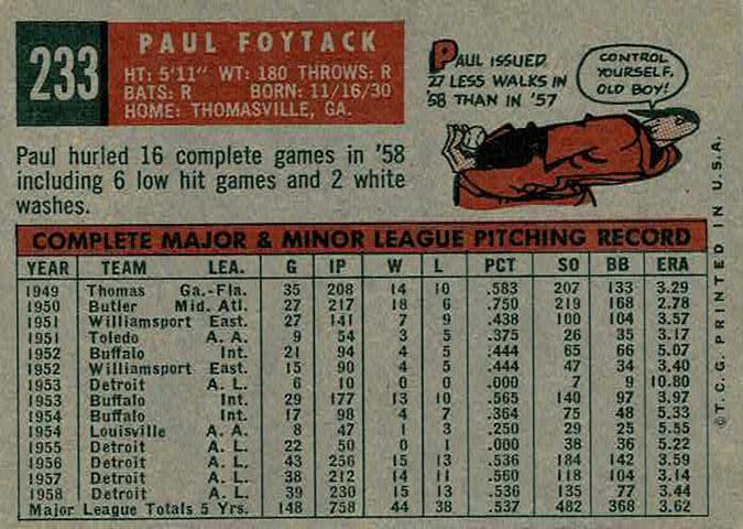Paul Foytack  baseball card collectible - Main Image 2