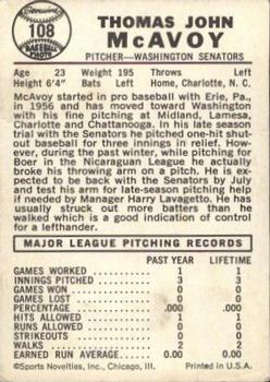 Tom McAvoy  baseball card collectible - Main Image 2