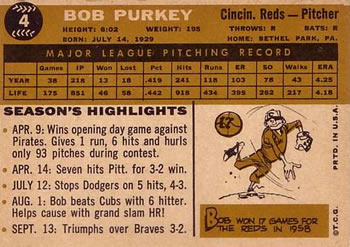 Bob Purkey  baseball card collectible - Main Image 2
