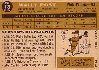 Wally Post  baseball card collectible - Main Image 2